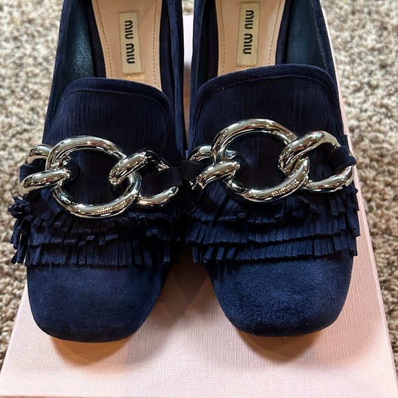 MIU MIU Calzature Donna Heeled Blue Suede Shoes Silver Buckles EU 37.5 EUC - Picture 4 of 6